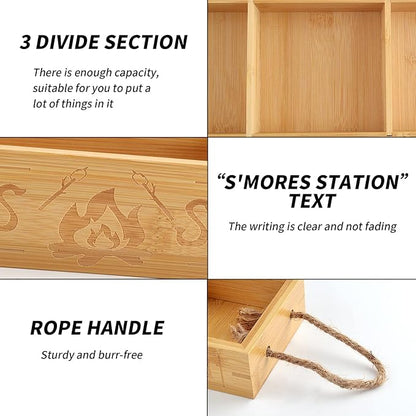 WANGDEFA S'mores Station Box Smores Caddy Smores Tray Smores Basket for Fire Pit S'mores Bar Holder Wooden Organizer Box for Serving Snacks Camping BBQ Accessories Displaying Utensils