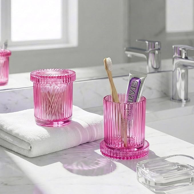 2 Pack Qtip Holder - Apothecary Jars with Lids, Bathroom Organizers and Storage Canister for Cotton Balls,Swabs,Floss Picks,Hair Ties,Clear Glass Vintage Bathroom Decor Jar Set (Pink2)