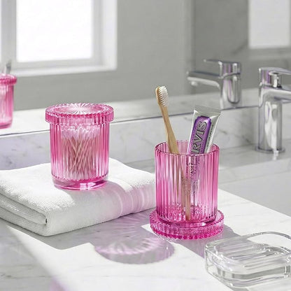 2 Pack Qtip Holder - Apothecary Jars with Lids, Bathroom Organizers and Storage Canister for Cotton Balls,Swabs,Floss Picks,Hair Ties,Clear Glass Vintage Bathroom Decor Jar Set (Pink2)
