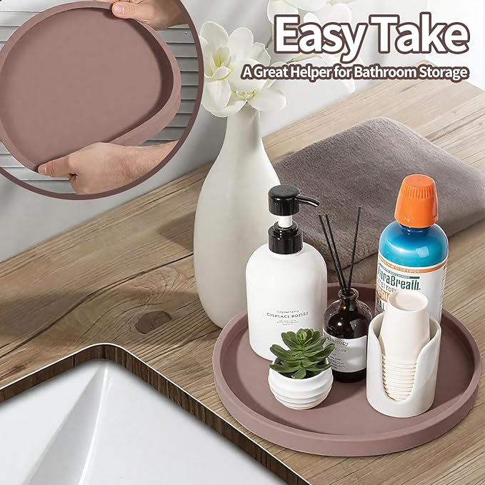 Silicone Bathroom Tray, 9" Round Reddish Brown Vanity Organizer – Decorative Countertop Tray for Soap, Candle, Perfume, Kitchen & Coffee Table