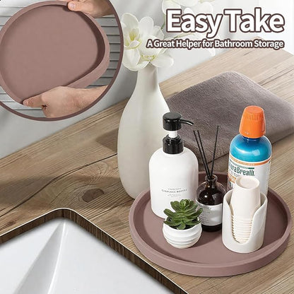 Silicone Bathroom Tray, 9" Round Reddish Brown Vanity Organizer – Decorative Countertop Tray for Soap, Candle, Perfume, Kitchen & Coffee Table