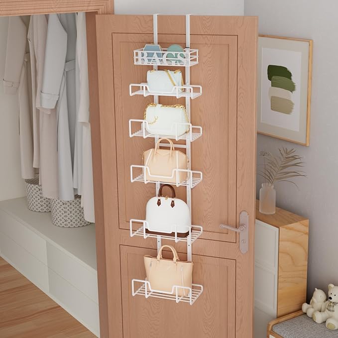 HapiRm Over Door Purse Organizer - Adjustable Purse Storage Rack with Bags Design Metal Basket, Wall Mounted Handbag Organizer, Hanging Handbag Holder, Can Use As 1/2 Part Detachable, White