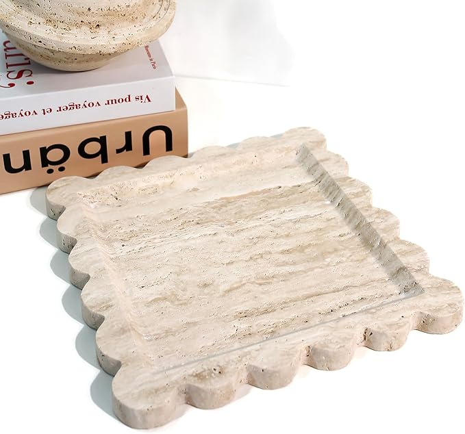 Natural 100% Travertine Vanity Tray Luxury Scalloped Marble Tray, Italian Travertine Tray for Home Decor Bathroom Kitchen Candle Key (Square-9.8 * 9.8-Beige Travertine)