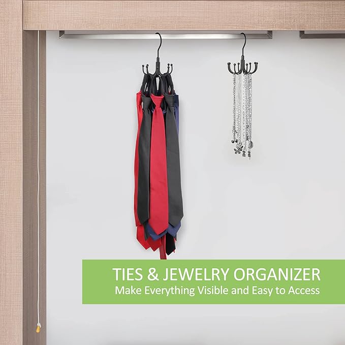 Belt Hanger, Rotatable Belt Organizer Rack for Closet Sturdy Max 24 Belts Storage with 8 Hooks, Hanging Space Saving Closet Organizers for Belts Holder, Black