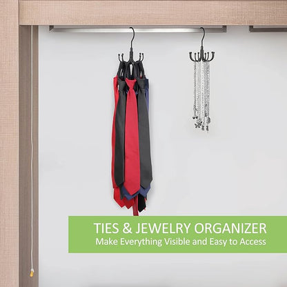Belt Hanger, Rotatable Belt Organizer Rack for Closet Sturdy Max 24 Belts Storage with 8 Hooks, Hanging Space Saving Closet Organizers for Belts Holder, Black