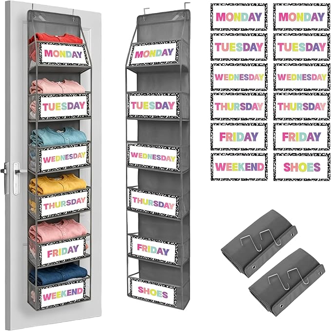 2 Pcs 6-Shelf Weekly Clothes Organizer for Kids Daily Hanging Closet Organizer with 2 Sets Week Day Stickers Foldable Days of The Week Behind Door Hanging Storage Shelves