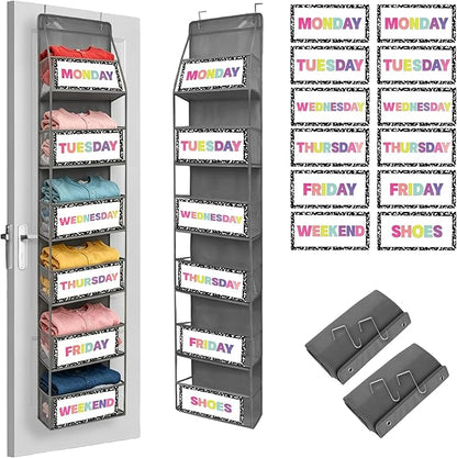 2 Pcs 6-Shelf Weekly Clothes Organizer for Kids Daily Hanging Closet Organizer with 2 Sets Week Day Stickers Foldable Days of The Week Behind Door Hanging Storage Shelves