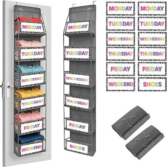 2 Pcs 6-Shelf Weekly Clothes Organizer for Kids Daily Hanging Closet Organizer with 2 Sets Week Day Stickers Foldable Days of The Week Behind Door Hanging Storage Shelves