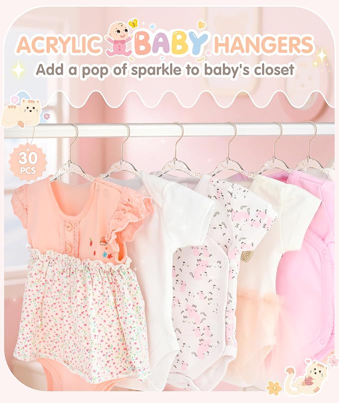 VIS'V Baby Hangers, 11 Inch Acrylic Kids Glitter Hangers for Infant Toddler Nursery Closet Clothes Organization, Pink, 30 Pcs