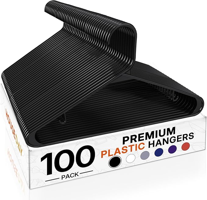 HOUSE DAY Black Plastic Hangers 100 Pack, Plastic Clothes Hangers with Built-in Hooks, Durable and Strong Coat Hangers for Closet, Space Saving Clothing Hanger for Shirts, Coats, Skirt, Dress