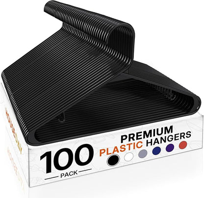 HOUSE DAY Black Plastic Hangers 100 Pack, Plastic Clothes Hangers with Built-in Hooks, Durable and Strong Coat Hangers for Closet, Space Saving Clothing Hanger for Shirts, Coats, Skirt, Dress