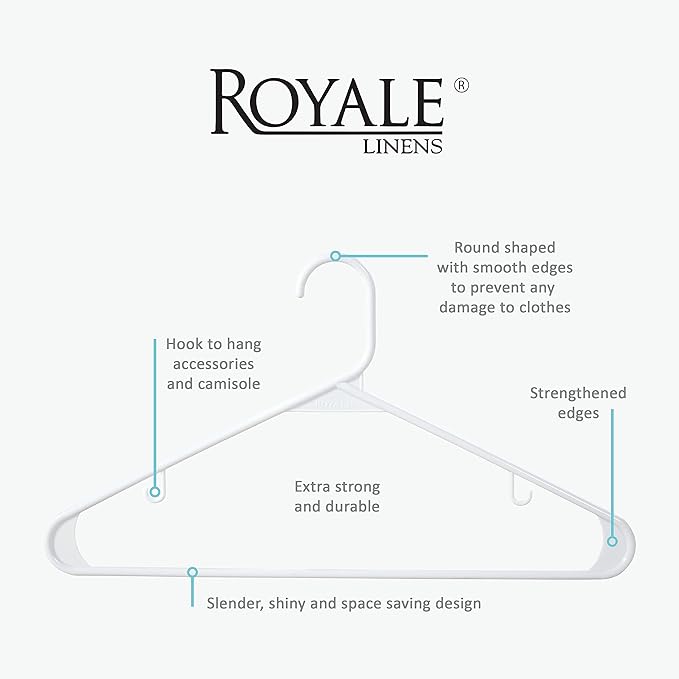 Royale Linens Plastic Hangers 20 Pack - White Clothes Hanger with Hooks – Heavy Duty Space Saving Coat Hangers Ideal for Everyday Use for Tops, Skirt, Dress, Shirts, Pants