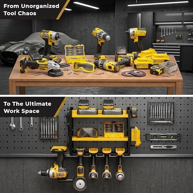 BUILTSTRONG Power Tool Organizer Wall Mount – 3-Tier Heavy-Duty Steel Rack, 6 Drill Slots, Dual Pegboard Sides, Side-by-Side Modular, 100 lb Capacity – Garage & Workshop (Yellow)