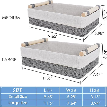 Wicker Storage Basket with Wooden Handle – Paper Rope Decorative Toilet Paper Baskets & Bathroom Organizer for Toilet Tank Top, Shelves, Bedroom, Countertop,Home,Office Storage Bins, 2 Pack,Grey