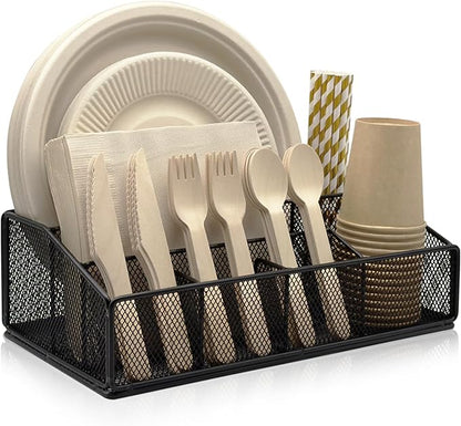 DysanVica Paper Plate Organizer for Countertop - Metal Silverware Caddy with 6 Compartments for Paper Plate Cup Napkin Utensil Holder Caddy for Party Camping Picnic Black