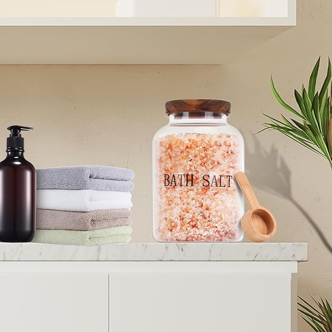 BKYFPQ 2Pcs 74 oz Glass Bath Salts Jar,Bath Salt Container with Wooden Lid and Scoop,Bathroom Organizers and Storage,for Bathroom Bath Decor,Home Decor,Bathtub Accessories for Women