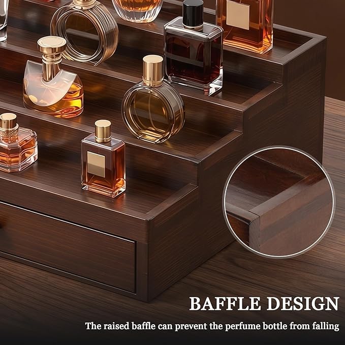 Wooden Cologne Organizer for Men 3 Tier Perfume Stand Organizer with Drawer and Hidden Compartment Cologne Display Riser Shelf Holder for Dresser Figures Fragrances Skincare Makeup Storage (Brown)
