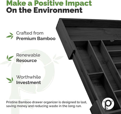 Pristine Bamboo Silverware Organizer - Expandable Kitchen Drawer Organizer - Adjustable Kitchen Drawer Organizer for Utensils, Expandable to 25 Inches Wide, 10 Slots - Black
