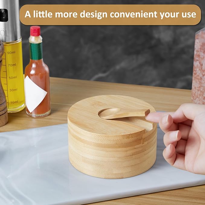 OUTNILI 2-Compartment Salt Box with Lid and Spoon, Bamboo Salt Cellar with Swivel Lid, Salt and Pepper Bowls for Salt & Spices, Dual 6 oz Salt Container