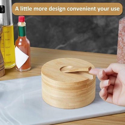OUTNILI 2-Compartment Salt Box with Lid and Spoon, Bamboo Salt Cellar with Swivel Lid, Salt and Pepper Bowls for Salt & Spices, Dual 6 oz Salt Container