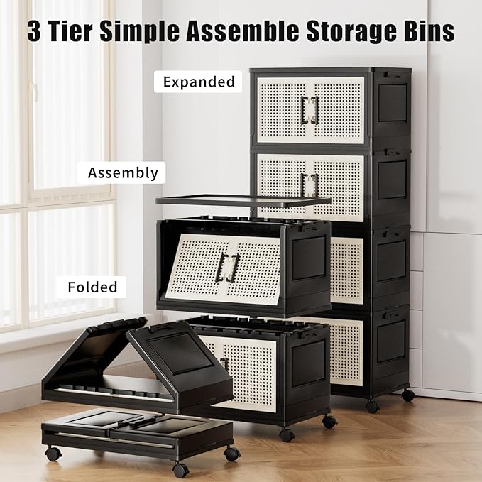Storage Bins with Lids, Stackable Storage Containers with Lids, Collapsible Plastic Bins, Closet Organizers and Storage with Wheels and Magnetic Door for Home Office Dorm (4 Pack)