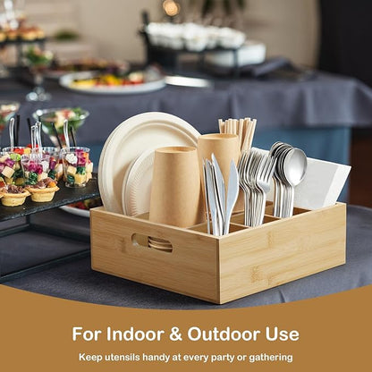Bamboo Utensil Holder for Party, 6-Compartment Paper Plate and Silverware Organizer with Handles, Utensil Caddy for Parties, Outdoor Gatherings, and Kitchen Countertop Organization