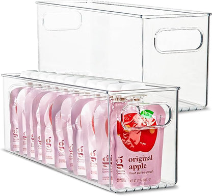 Plastic Food Storage 2 Pack Clear Container Bin with Handles for Organizing Kitchen, Pantry, Refrigerator, Freezer, Pantry, Cabinet, Closet, Bathroom. 16”x4”x5”