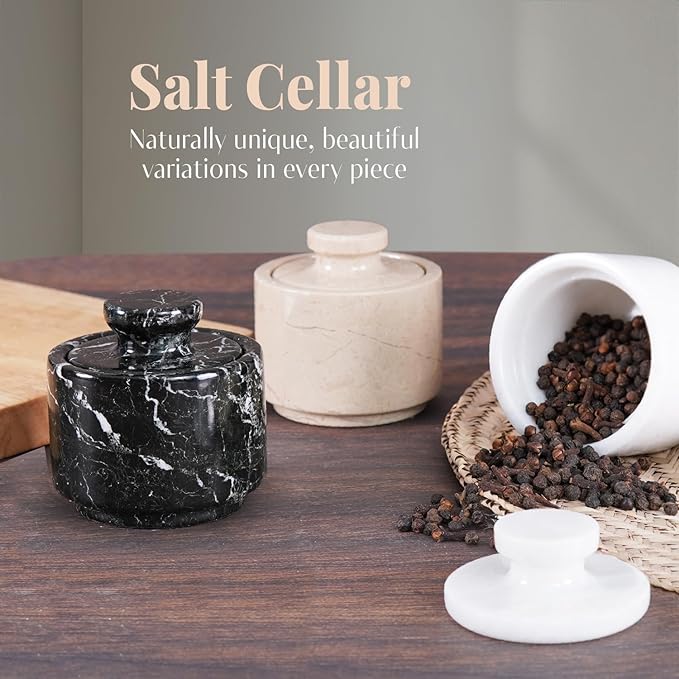 MARBLOUS KRAFTS Marble Salt Cellar 3" Inch Black Zebra Stone Salt Dish, Sugar, Seasoning Salt Containers for Countertop, Modern Salt Holder with Lid, Kitchen Spice Jar, Perfect Mother’s Day Gift