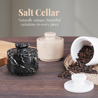 MARBLOUS KRAFTS Marble Salt Cellar 3" Inch Black Zebra Stone Salt Dish, Sugar, Seasoning Salt Containers for Countertop, Modern Salt Holder with Lid, Kitchen Spice Jar, Perfect Mother’s Day Gift