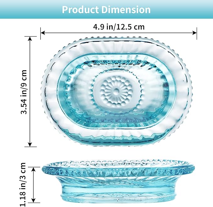 Glass Soap Dish, Vintage Embossed Bar Soap Holder, Decorative Soap Saver Tray for Shower, Bathtub, Bathroom and Kitchen Sink