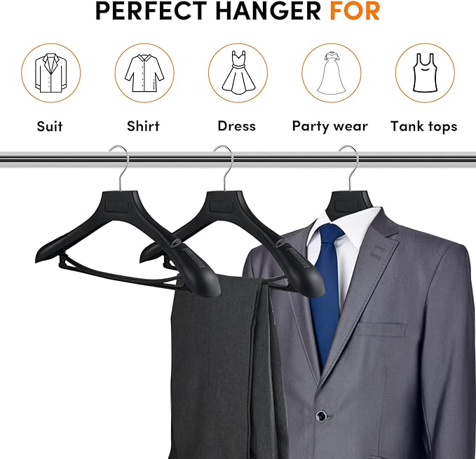DEDU Suit Hangers for Men 20 Pack, Coat Hangers Non Slip Width 17.7", Black Extra WideThick Plastic with Pants Bar & Metal Hook