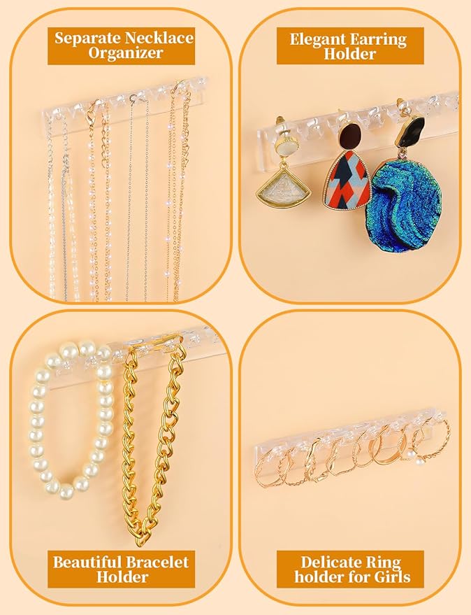 12Pcs Self-Adhesive Necklace Organizer, Necklace Holder Wall Mounted, Hanging Jewelry Organizer with 8 Hooks for Necklaces, Bracelets, Rings, Earrings and Jewelry Display (3.7inch Long)