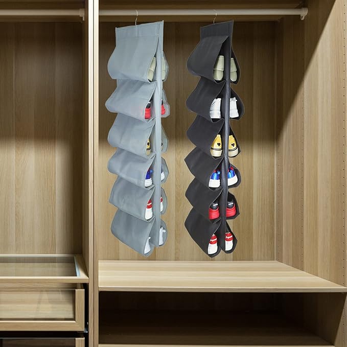 2 Pack 12 Large Pockets Hanging Shoe Organizer for Closet with Roating Hanger for Storage Mens Shoes,Kids Clothes,Also can used as Travel shoe rack hanging,Black