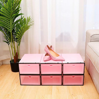 NUOBESTY 6pcs Thickened Stackable Shoes Storage Boxes Plastic Shoe Containers with Black Frame Pink Lid for Men’s Closet Organization