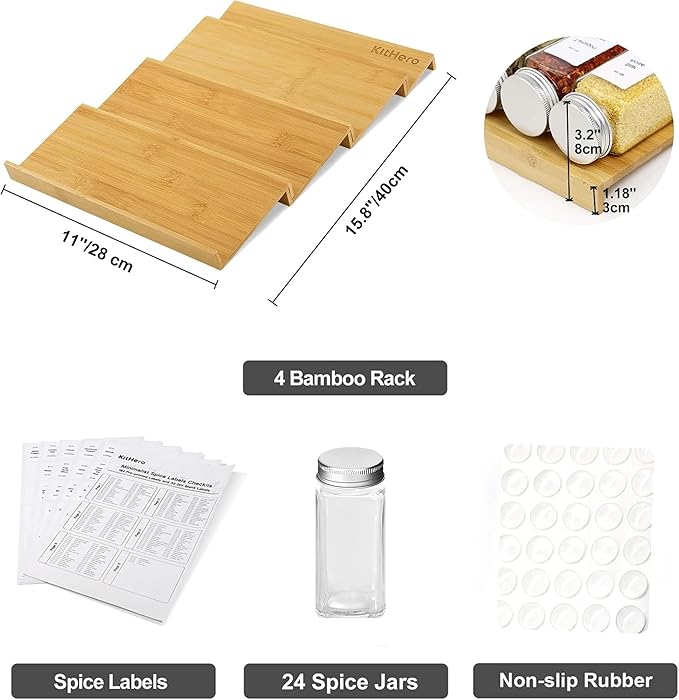 Spice Drawer Organizer with 24 Spice Jars,216 Labels,25 Non-slip Rubber, Bamboo 4 Tier Seasoning Rack Tray Insert for Kitchen Drawers,Cabinets,Countertop,11" Wide x 15.8" Deep