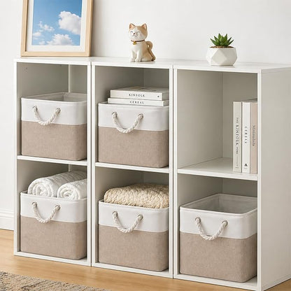 Cube Storage Bins, Collapsible Fabric Storage Cubes Bins, 11 Inch Cube Storage Bins with Handles, Foldable Storage Cubes (White/Beige, 6Pack)
