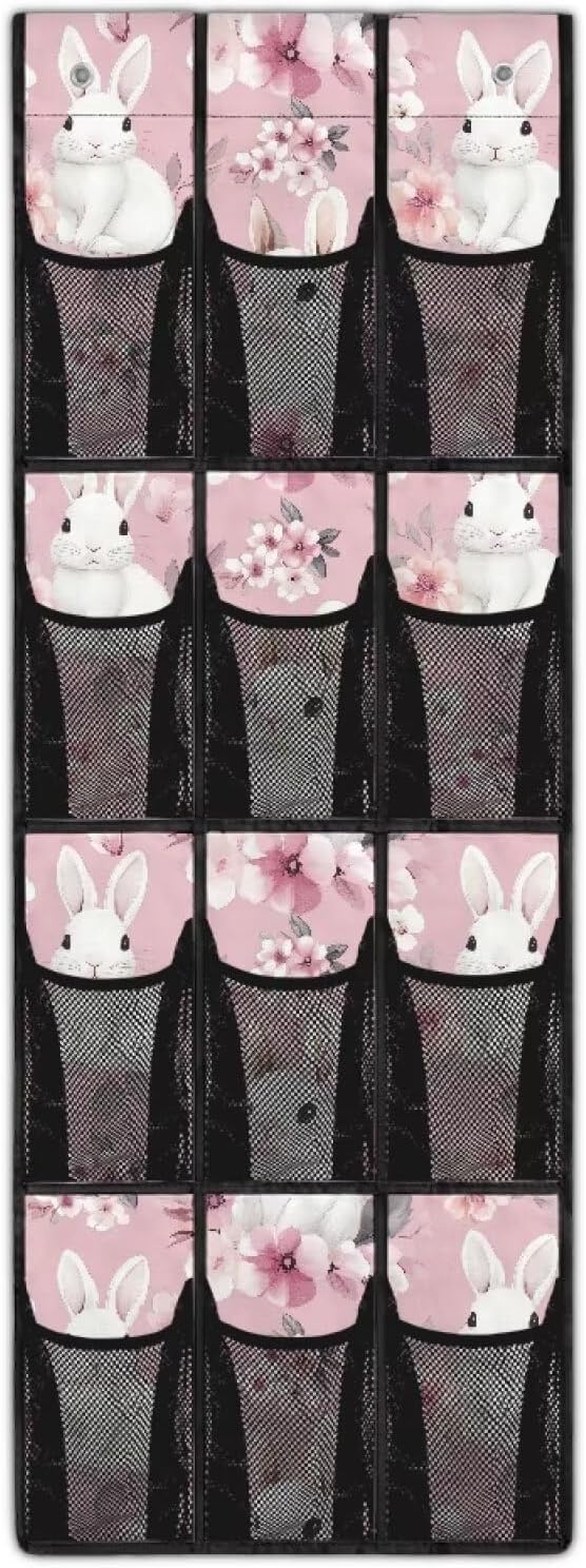 Bunny Flower Over The Door Organizer,Hanging Baskets with 12 Mesh Large Pockets,Door Back Shoe Organizers with 12 Mesh Pockets Baby Organizer Storage,Organizer Hanging with 2 Holes