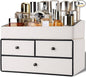 GORESE Leather Makeup Organizer with Drawers for Vanity, Stackable Skincare Holder Dresser Organizer Countertop, Make Up Storage Organizers Counter Cosmetic Display Case Gifts for Women(Cream White)