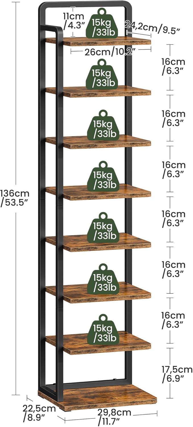 CHOEZON 8-Tier Vertical Shoe Rack, Narrow Shoe Tower, Corner Shoe Storage Organizer, Shoe Shelf, for Small Spaces, Industrial Style, for Entryway, Hallway, Living Room, Rustic Brown and Black TXJ08BF