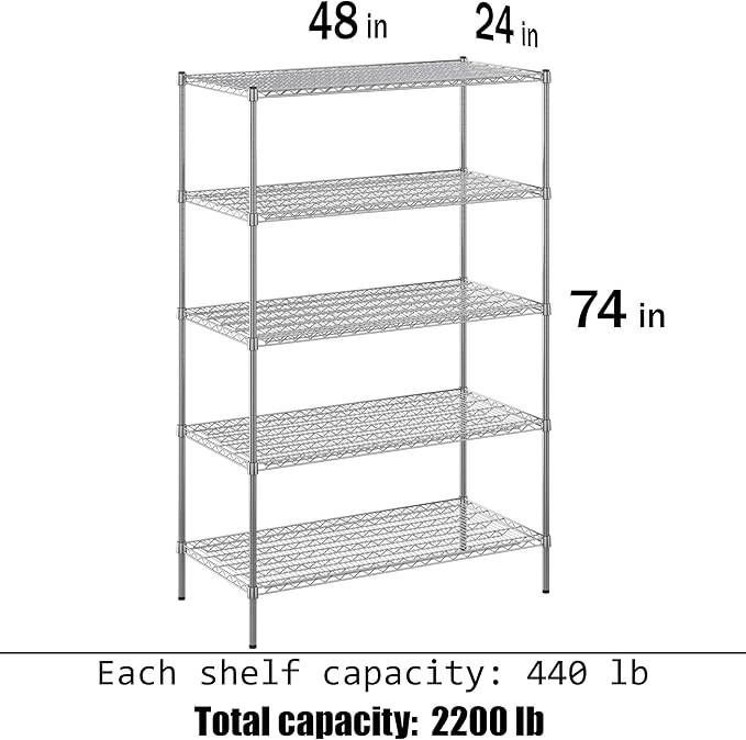 24" Deep x 48" Wide x 74" Height Wire Shelving Kit | 5-Tier | NSF Commercial Storage Rack Unit