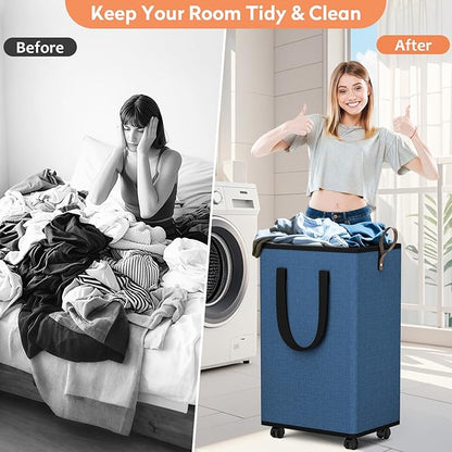 SpaceTrove Laundry Basket with Wheels, Collapsible Laundry Baskets, Laundry Hamper with Handles Detachable Wheels, Rolling Laundry Basket, Dirty Clothes Hamper for Bathroom, Dorm, Bedroom, Navy, 80L