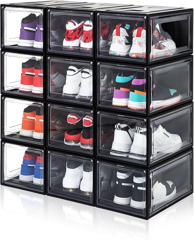 12 Pack Shoe Boxes, Clear Acrylic Plastic Shoe Boxes Stackable, Space-Saving Foldable Drop Front Shoe Storage Boxes Container for With Lids Fits Up to Size 15 (Dark Black)