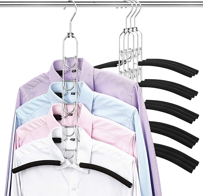 Mastom Space Saving Clothes Hangers, Multilayer Metal Hanger 4 Pack 5 in 1 Space Saver Coat Hangers, Anti-Slip Foam Padded Shirt Suit Hanger for Closet Storage Organizer