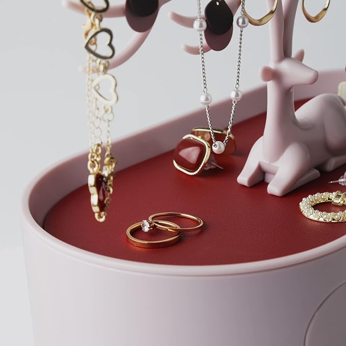 MORE&LESS Red Artificial Leather and Red Crystal Handle Deer Jewelry Display Rack for Ring Earrings Necklace Bracelet