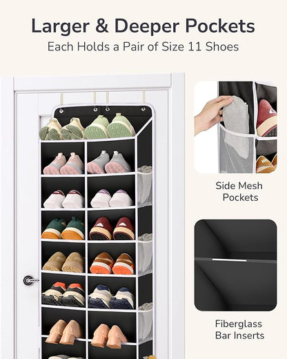 ULG Over The Door Shoe Organizer for Closet Fit 24-32 Pairs with Large Deep Pockets, Narrow Shoe Rack for Door Hanging Boots Storage, Black