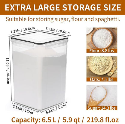 HKJ Chef 4 Pack Extra Large Airtight Food Storage Containers with Lids (6.5L / 220 oz), BPA Free Plastic Kitchen and Pantry Organization Contianers for Cereal Flour and Sugar Storage, Labels & Marker