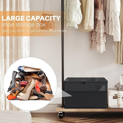 MIFXIN Shoes Organizer for Closet Fit 16 Pairs Large Shoe Box Storage Container Shoe Storage Bin with Clear Cover & Reinforced Handles, Space Saving Shoes Container (Black)