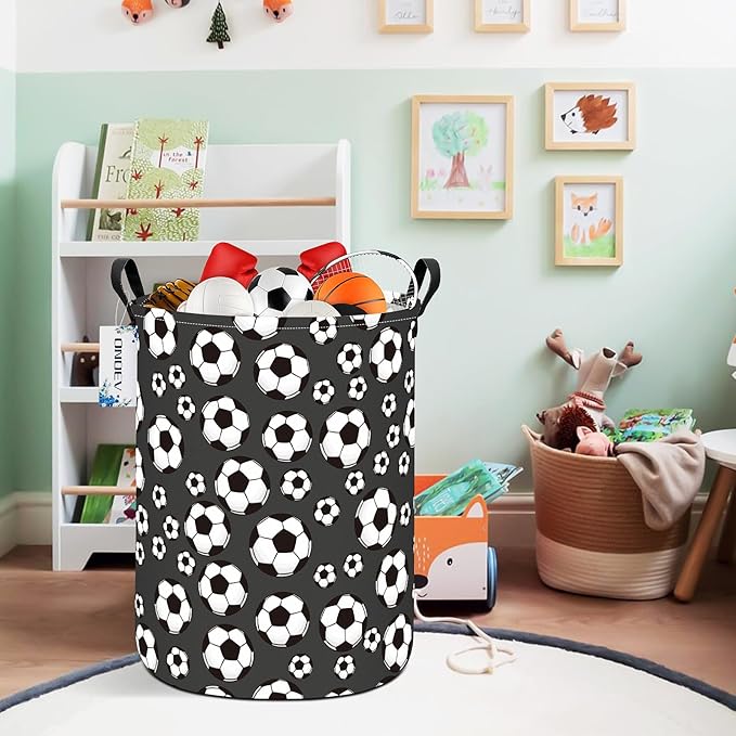 Round Soccer Laundry Basket,Collapsible Laundry Hamper for Nursery,Football Toy Storage Bin for Kids Boys,Waterproof Storage Basket for Home,Bedroom,Playroom(Soccer)