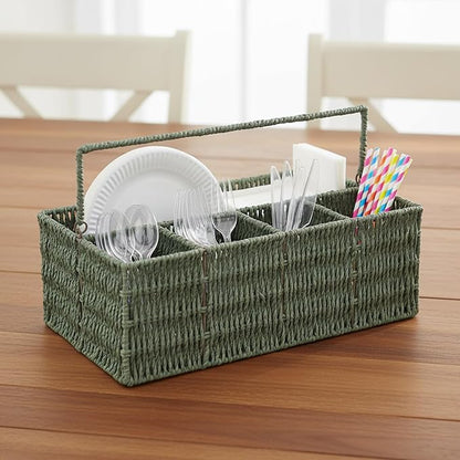 Utensil Holder, Hand Woven Silverware Caddy, 5 Compartments Flatware Organizers, Paper Plate Dispenser with Handle, Kitchen Countertop Organizer for Spoons Forks Plates Napkins, Green