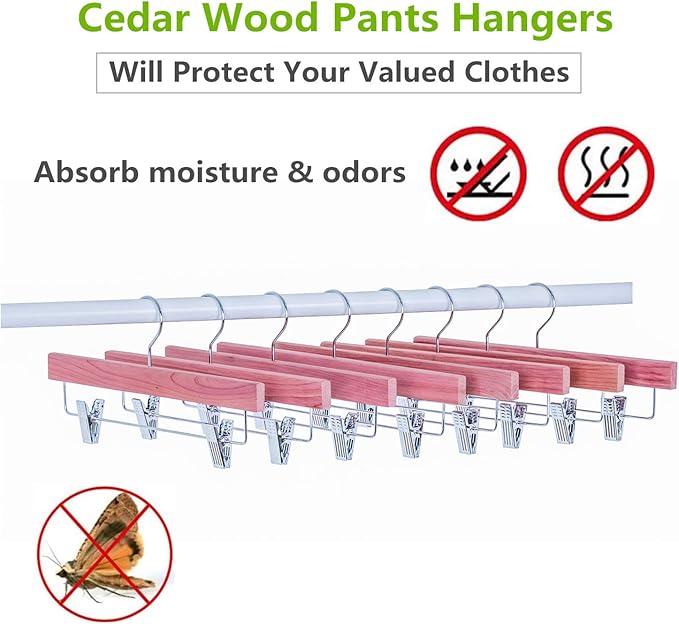 Amber Home 12 Pack American Red Cedar Wood Pants Hangers, Natural Cedar Wooden Slacks Skirts Hangers with 2-Adjustable Clips, Bottom Hangers for Trousers, Jeans, Shorts (12 Pack)